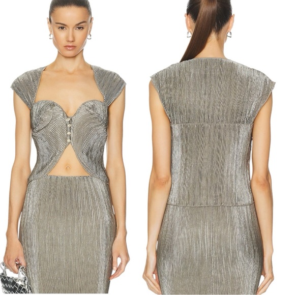 Cult Gaia Milli Satin Structured Pleated Sweetheart Neckline Scalloped Crop Top - Picture 8 of 15